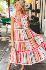 Pink Rainbow Stripe Ruffles Ruched Tiered Dress