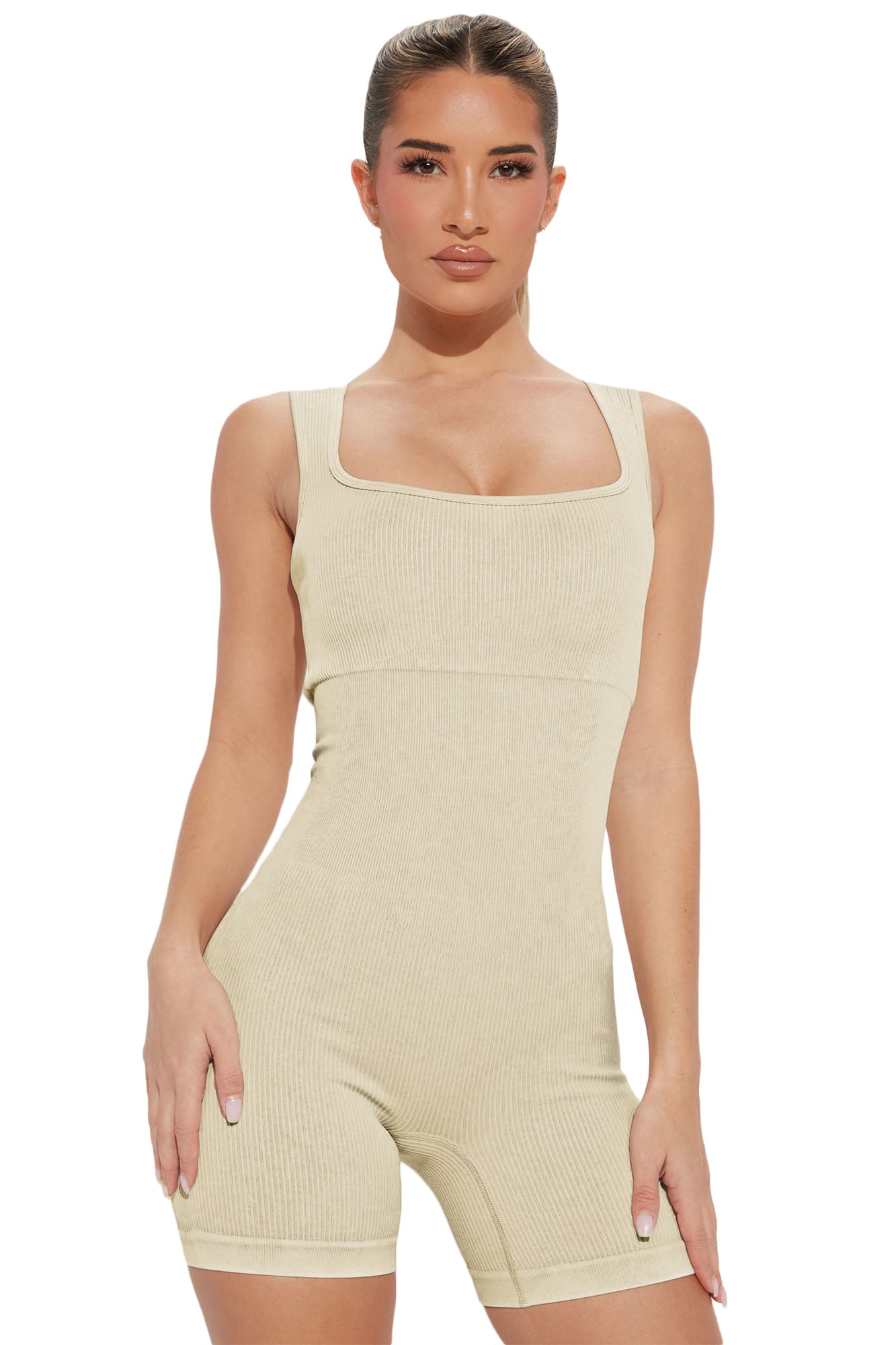 Black Ribbed Square Neck Padded Sports Romper