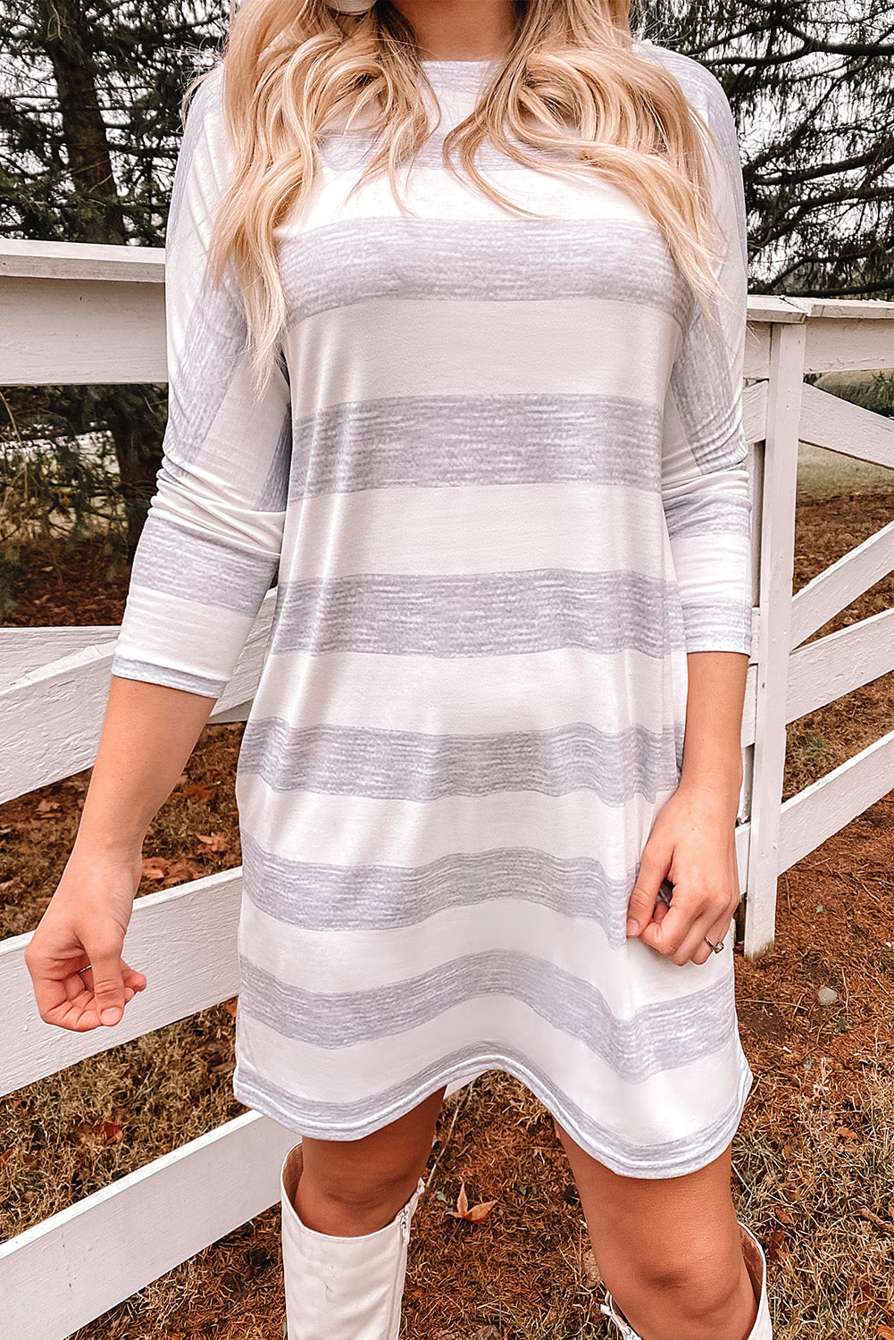 Stripe Loose Fit Pocketed Long Sleeve Mini Dress