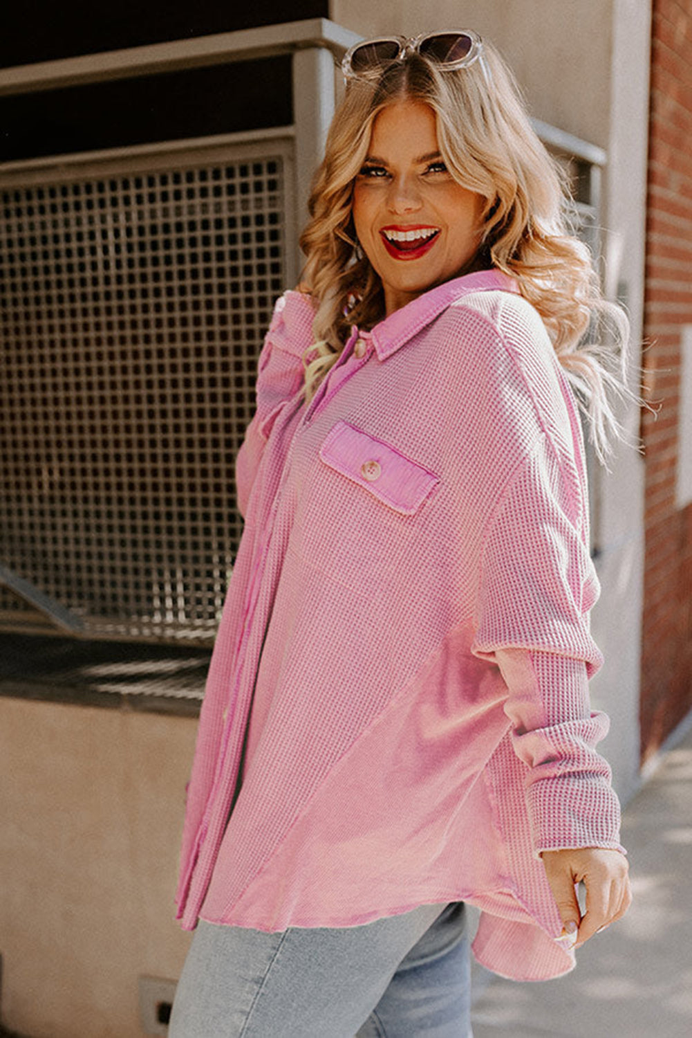 Pink Plus Size Waffle Knit Exposed Seam Shirt