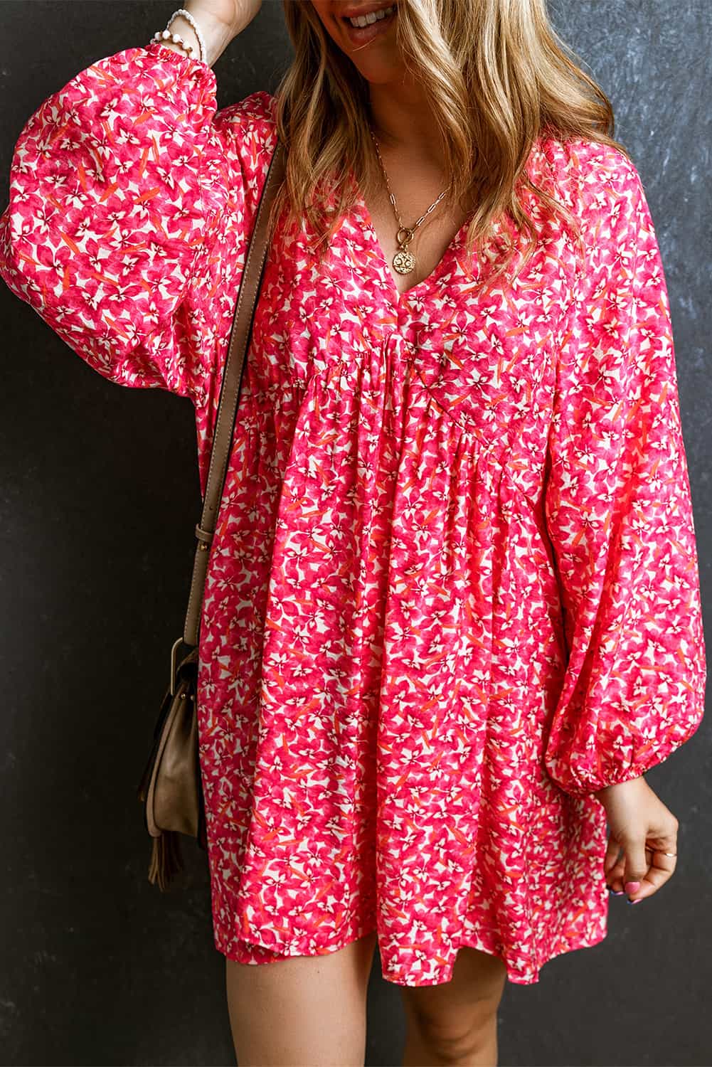 Rose Floral Print Empire Waist Bubble Sleeve Dress