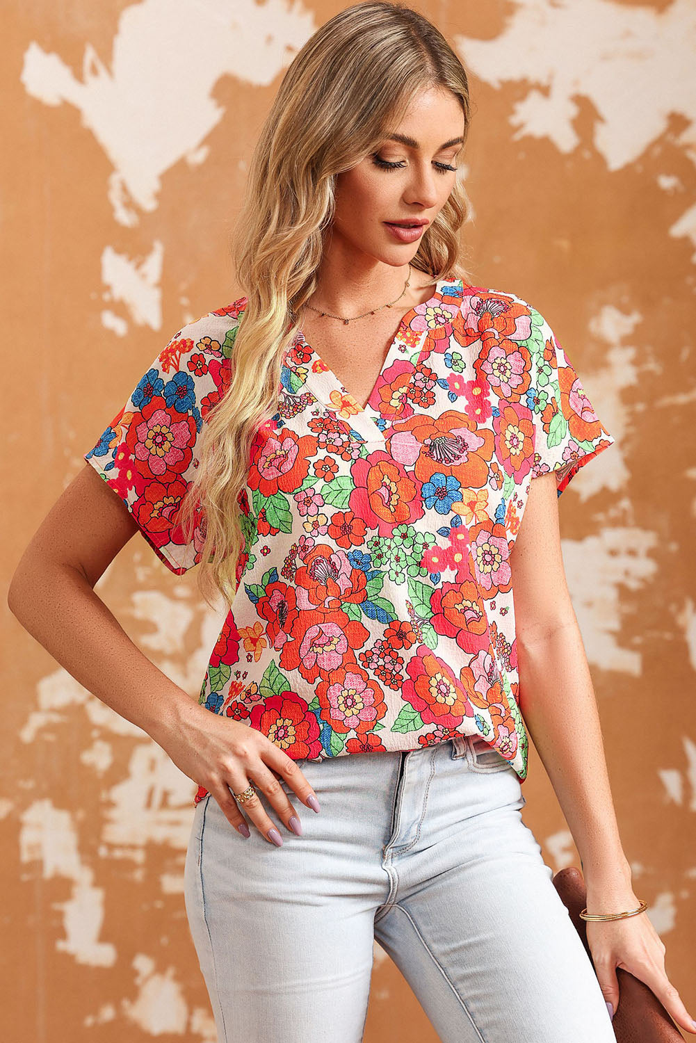 Red Floral Split Neck Top