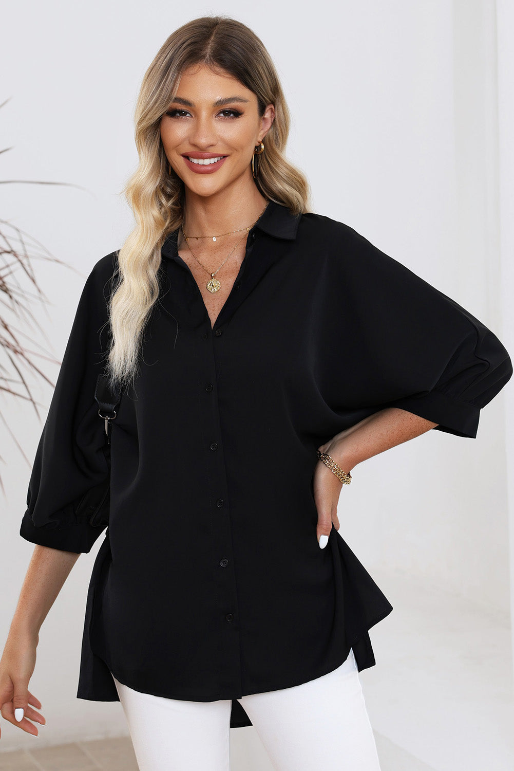 Green 3/4 Puff Sleeve Oversize Shirt