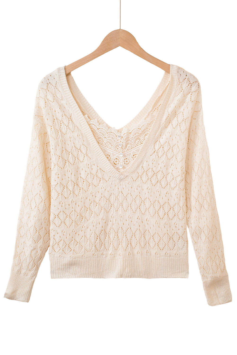 Beige Buttoned Lace Patchwork Hollow Knit Sweater