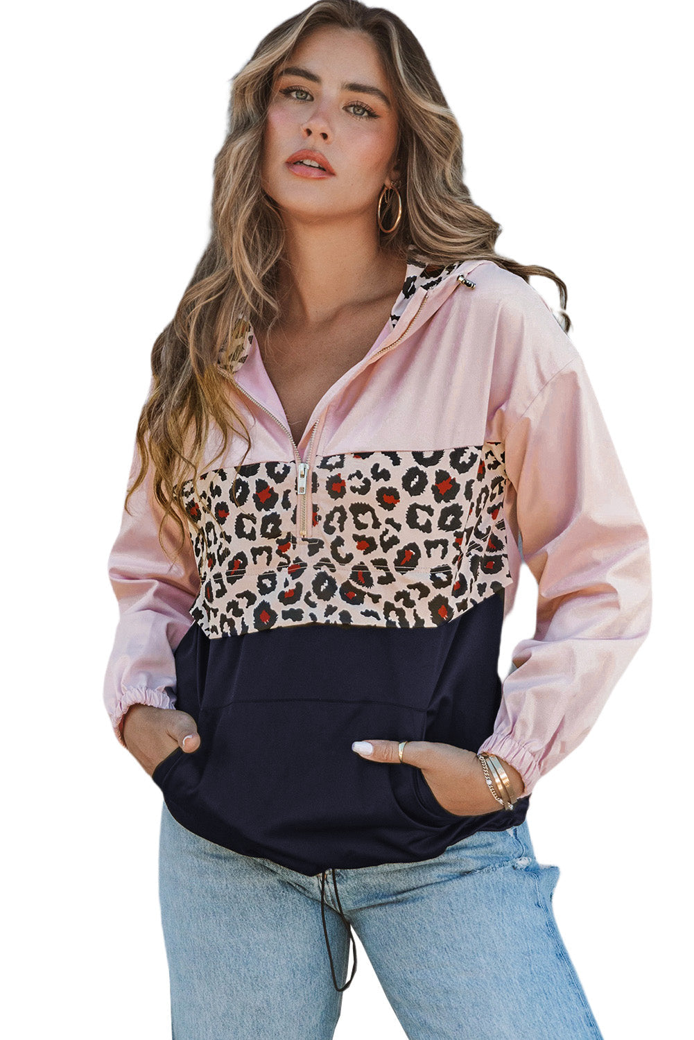 Black Leopard Patchwork Half Zip Pocketed Pullover Hoodie