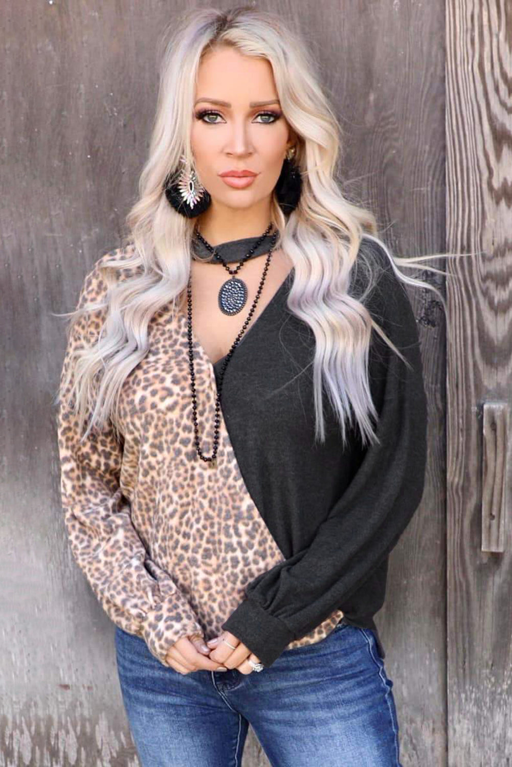 Half Leopard Keyhole Long Sleeve Top