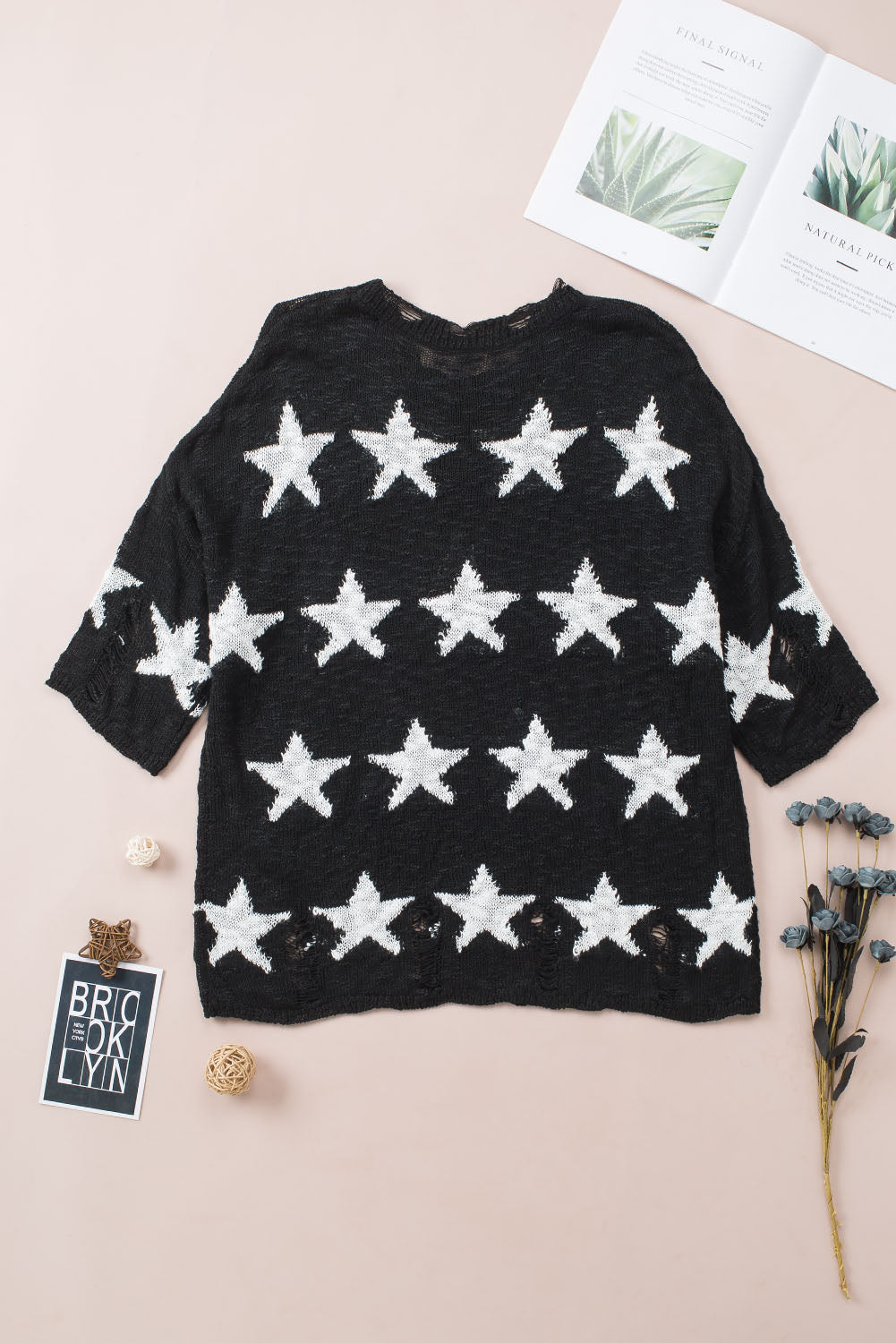 Black Star Print Half Sleeve Distressed Knit Top