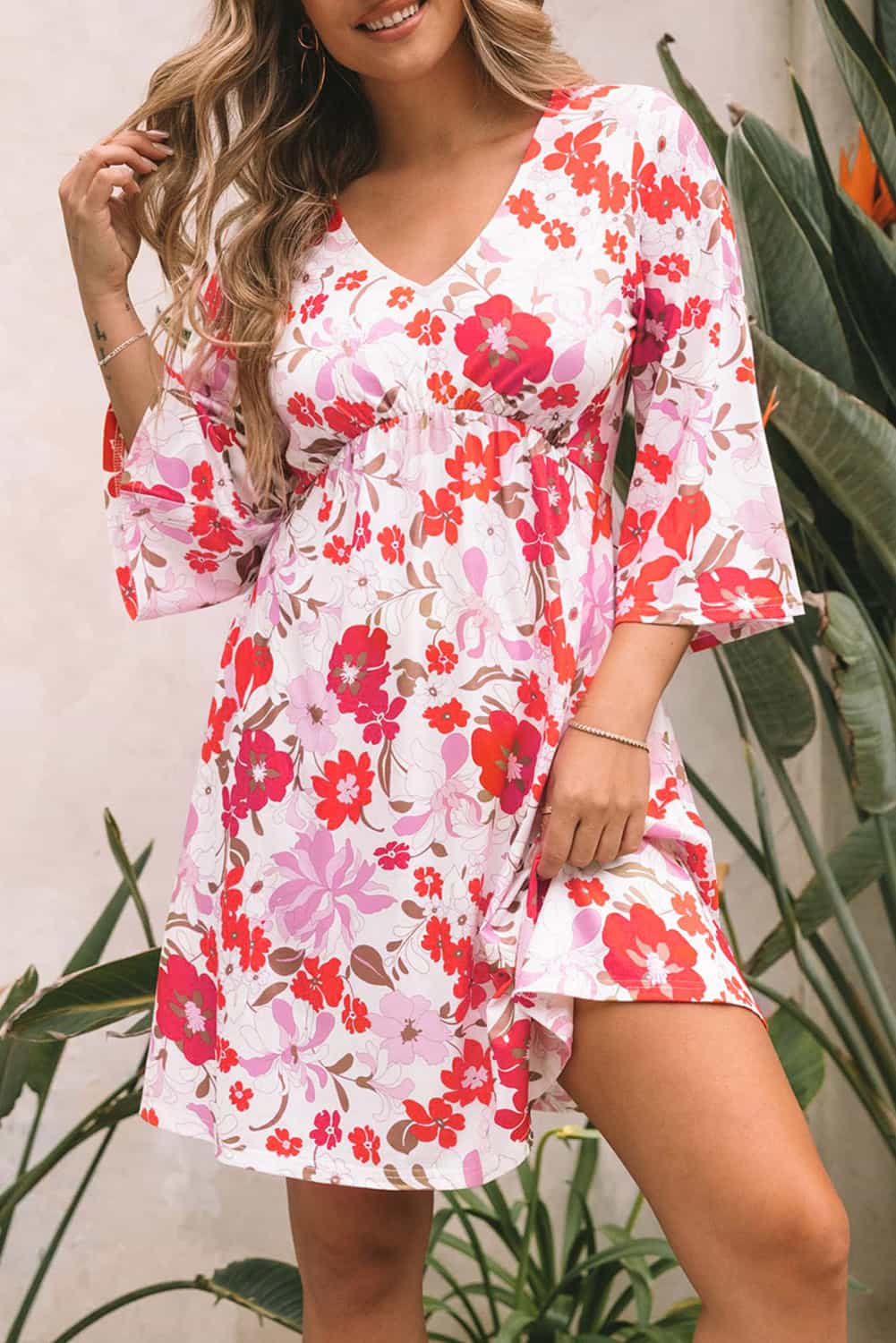 White V Neck 3/4 Sleeve Floral Dress