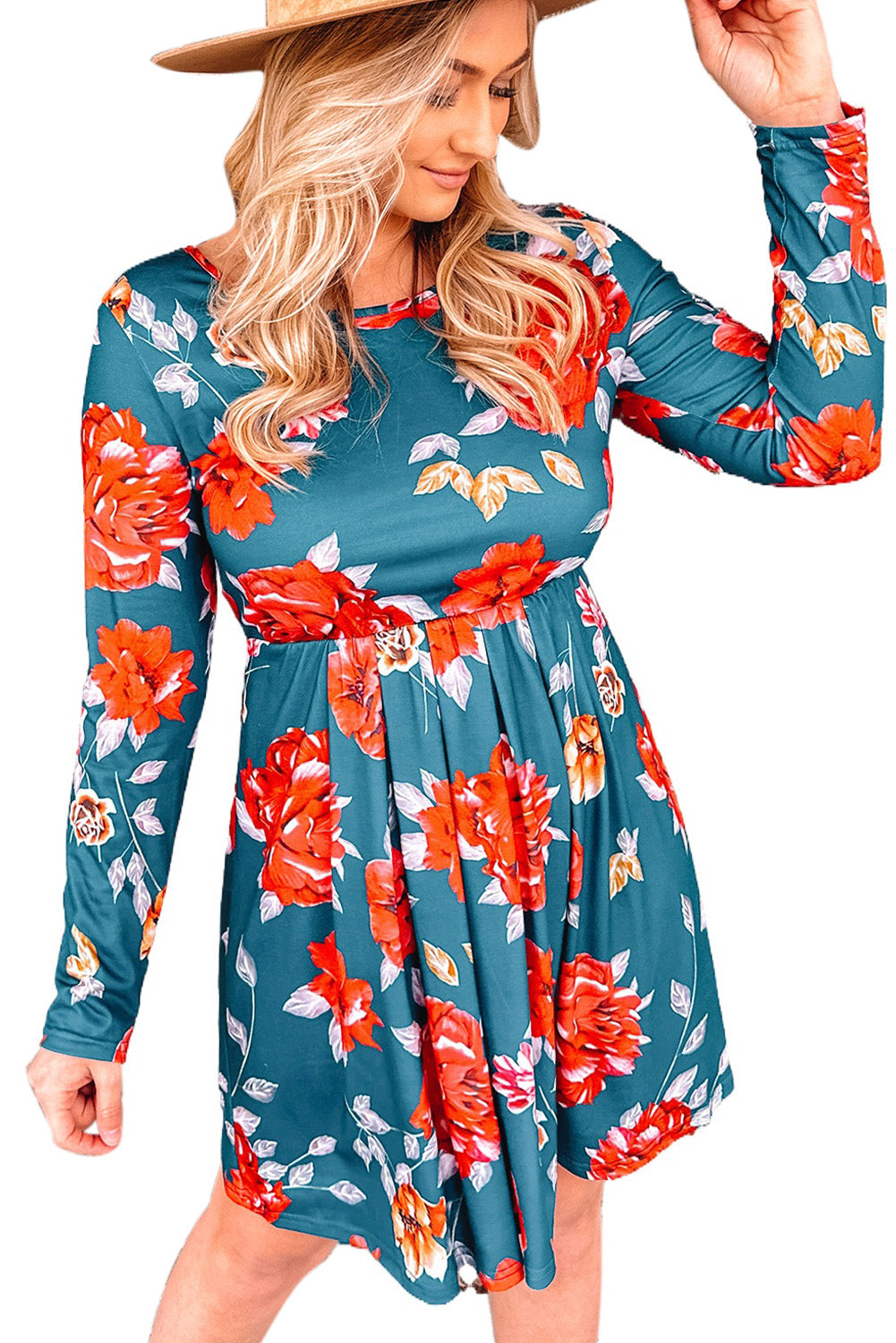 Blue Floral Pleated Long Sleeves Dress