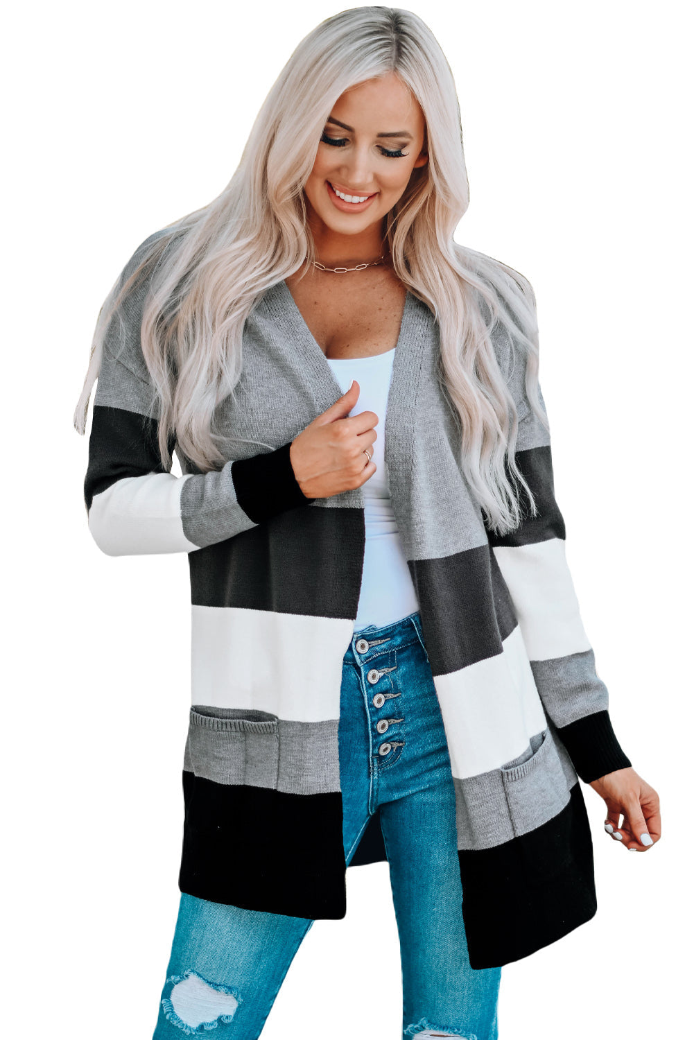 Khaki Open Front Colorblock Cardigan with Pockets