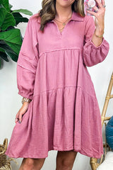 Purple Collared Neck Crinkled Tiered Dress