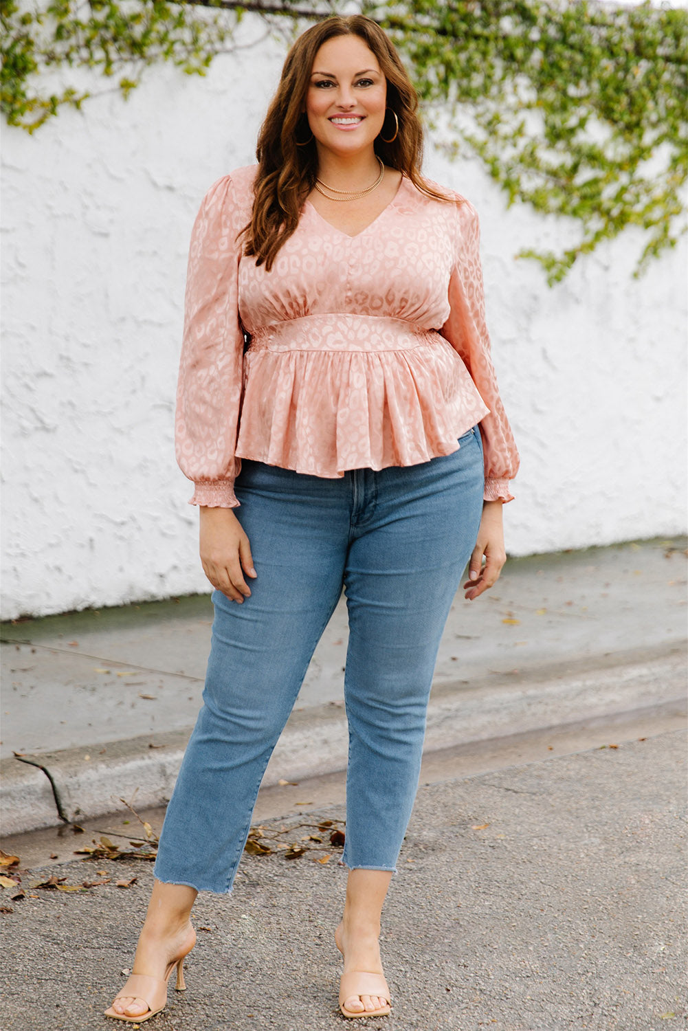 Pink Plus Size Leopard Satin Peplum Top