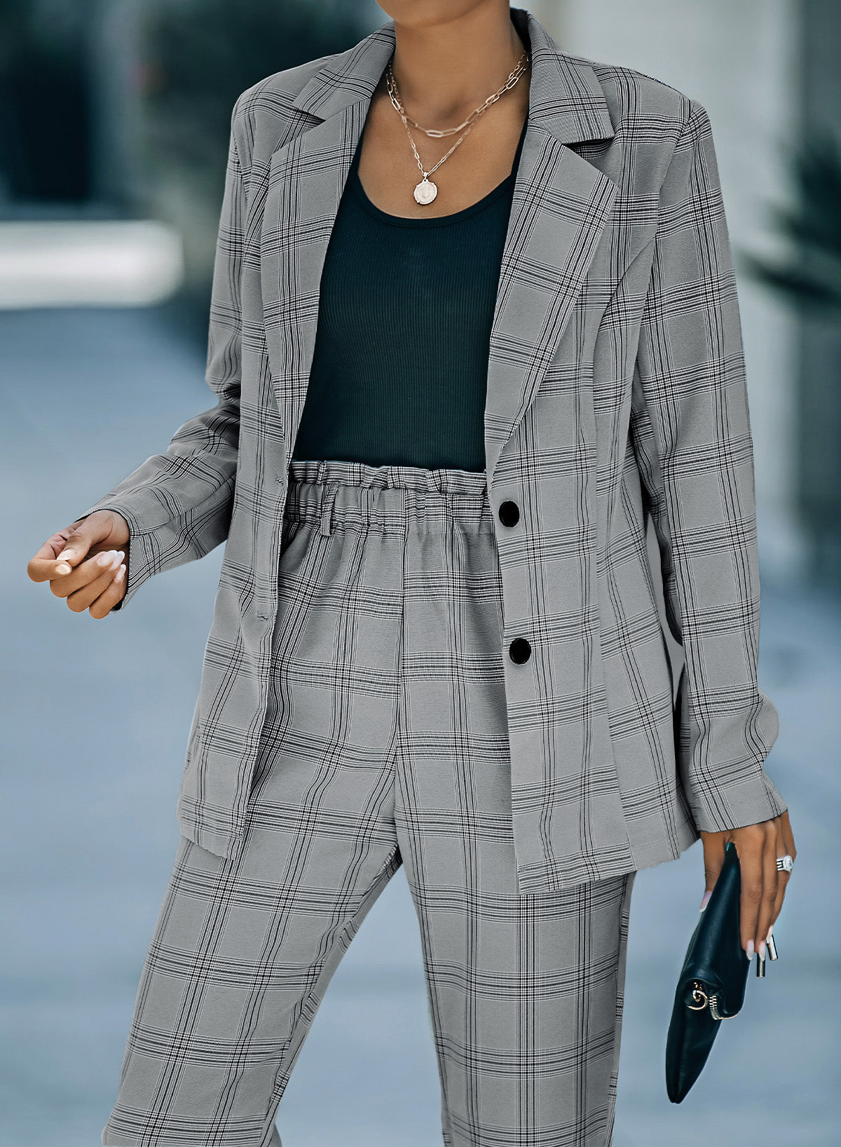 Gray Lapel Button Plaid Blazer