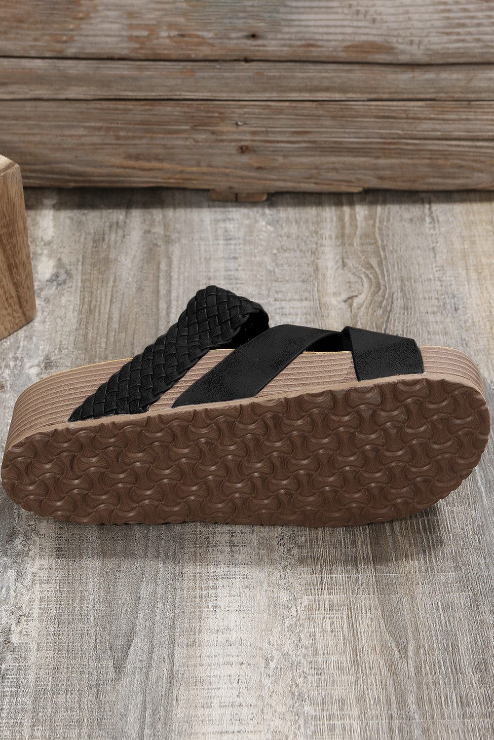 Brown Braided Detail Criss Cross Platform Slippers