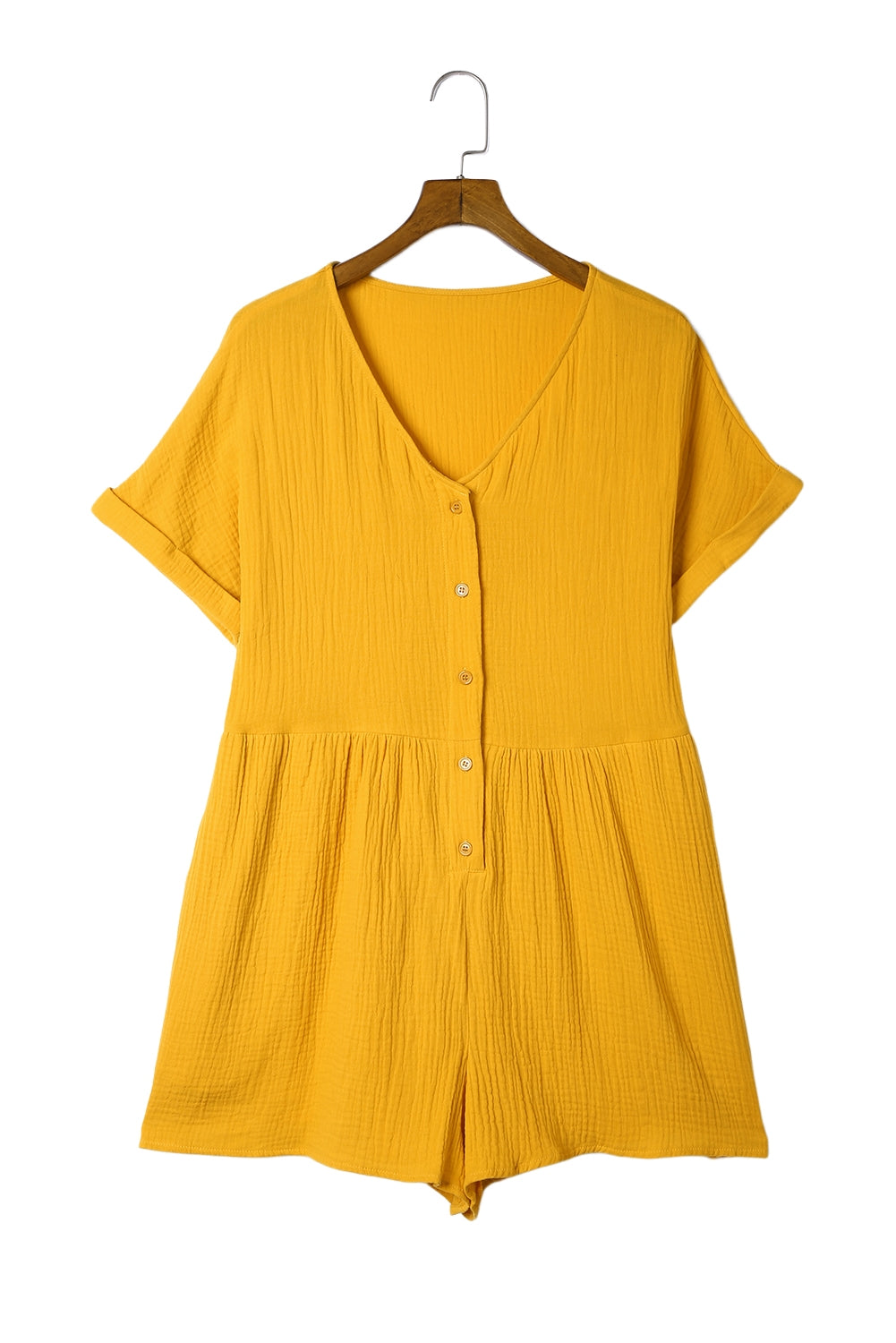 Yellow Button V Neck Crinkle Pocketed Romper