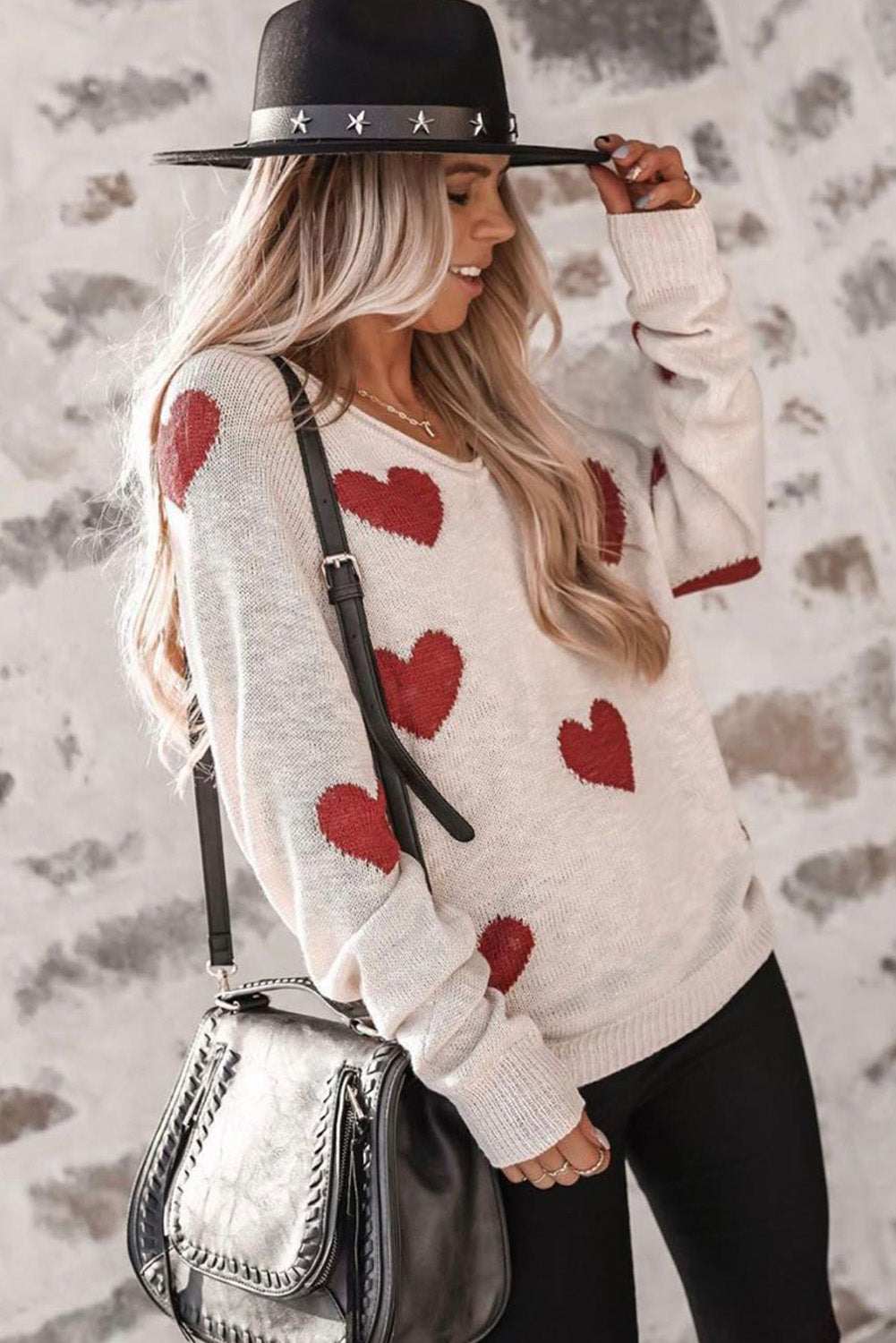 Red Heart Pattern V Neck Knit Sweater