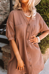 Brown Crinkle Textured Joint Bubble Sleeve Shirt Dress
