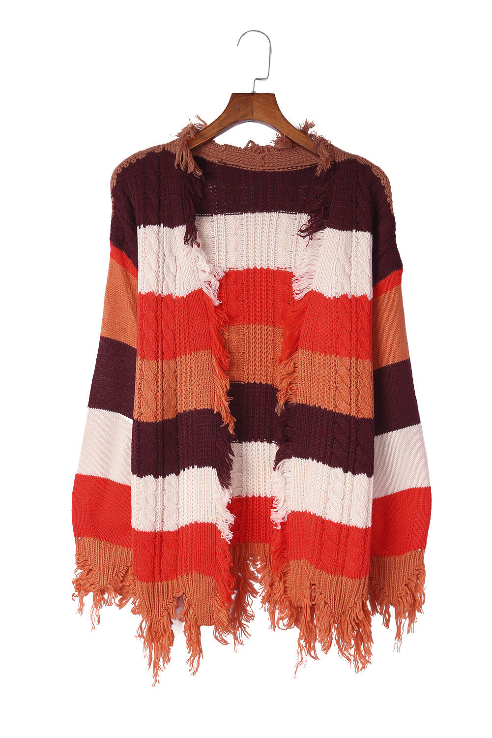 Multicolor Striped Knit Frayed Hem Cardigan