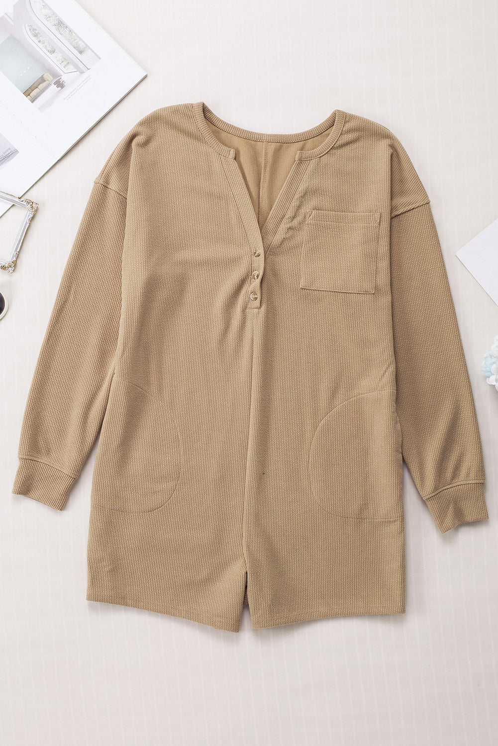 Dark Green Brushed Ribbed Button Split V Neck Long Sleeve Romper