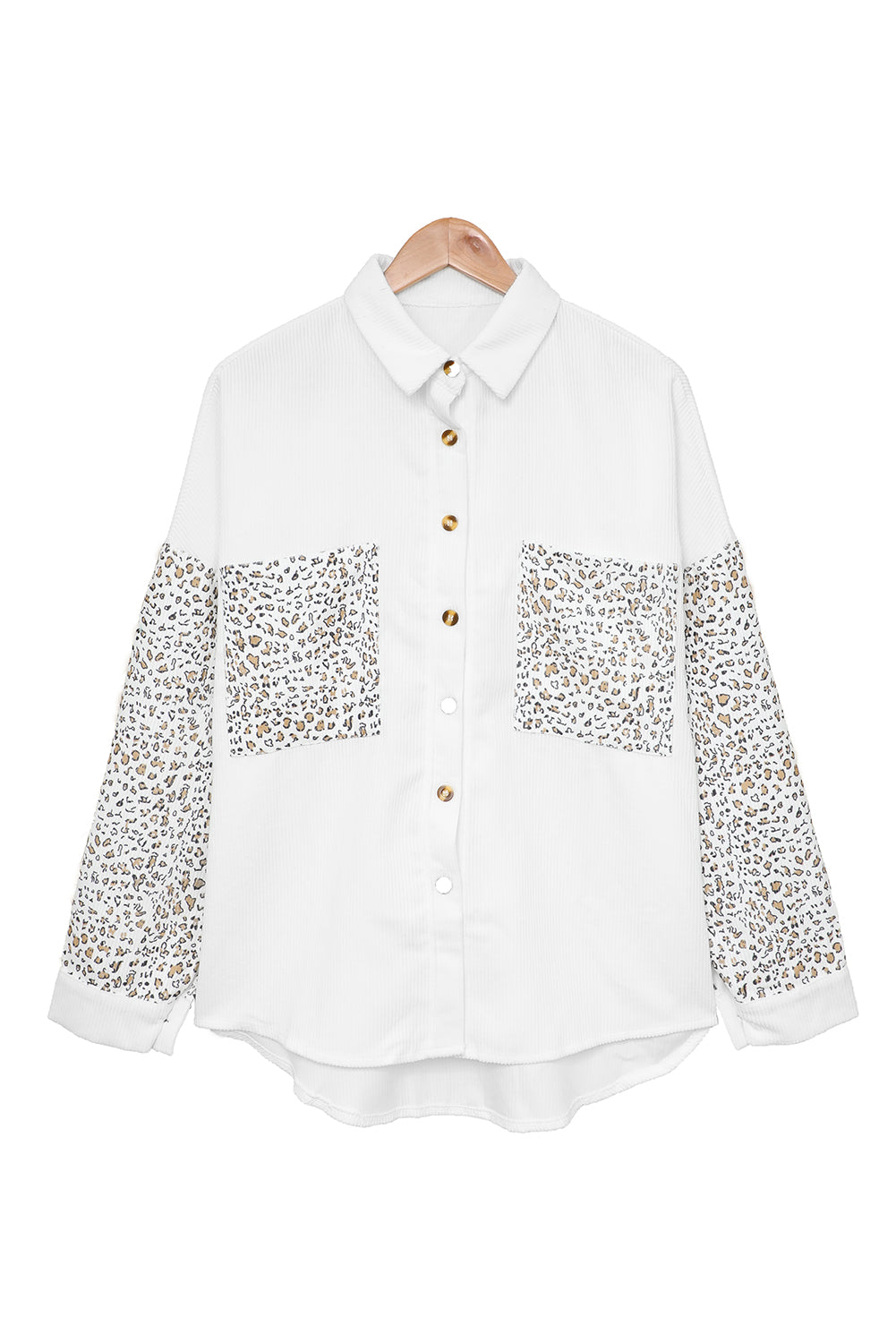 Gray Leopard Patchwork Corduroy Buttoned Shirt Jacket