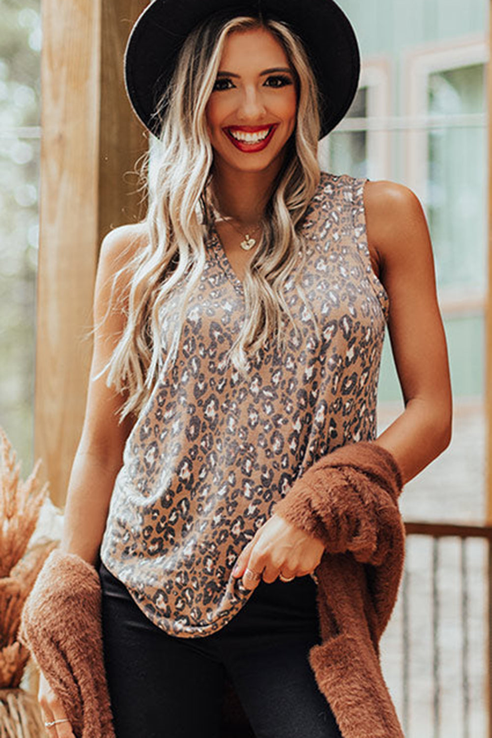 White Leopard  V Neck Tank Top