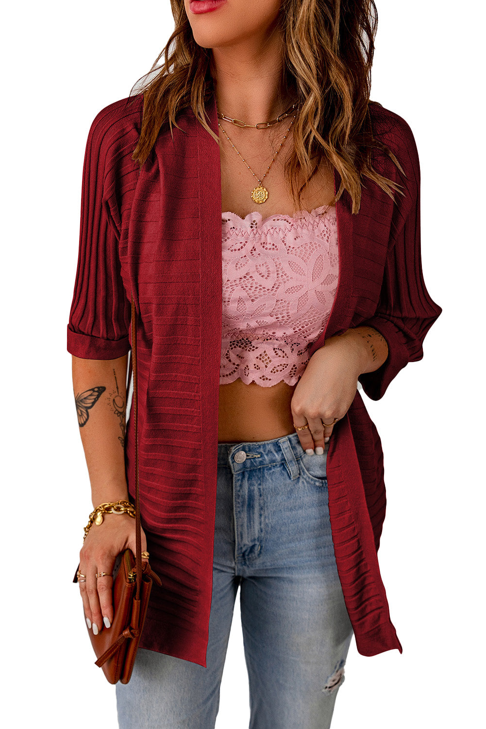 Red Ribbed Open Front Knit Cardigan