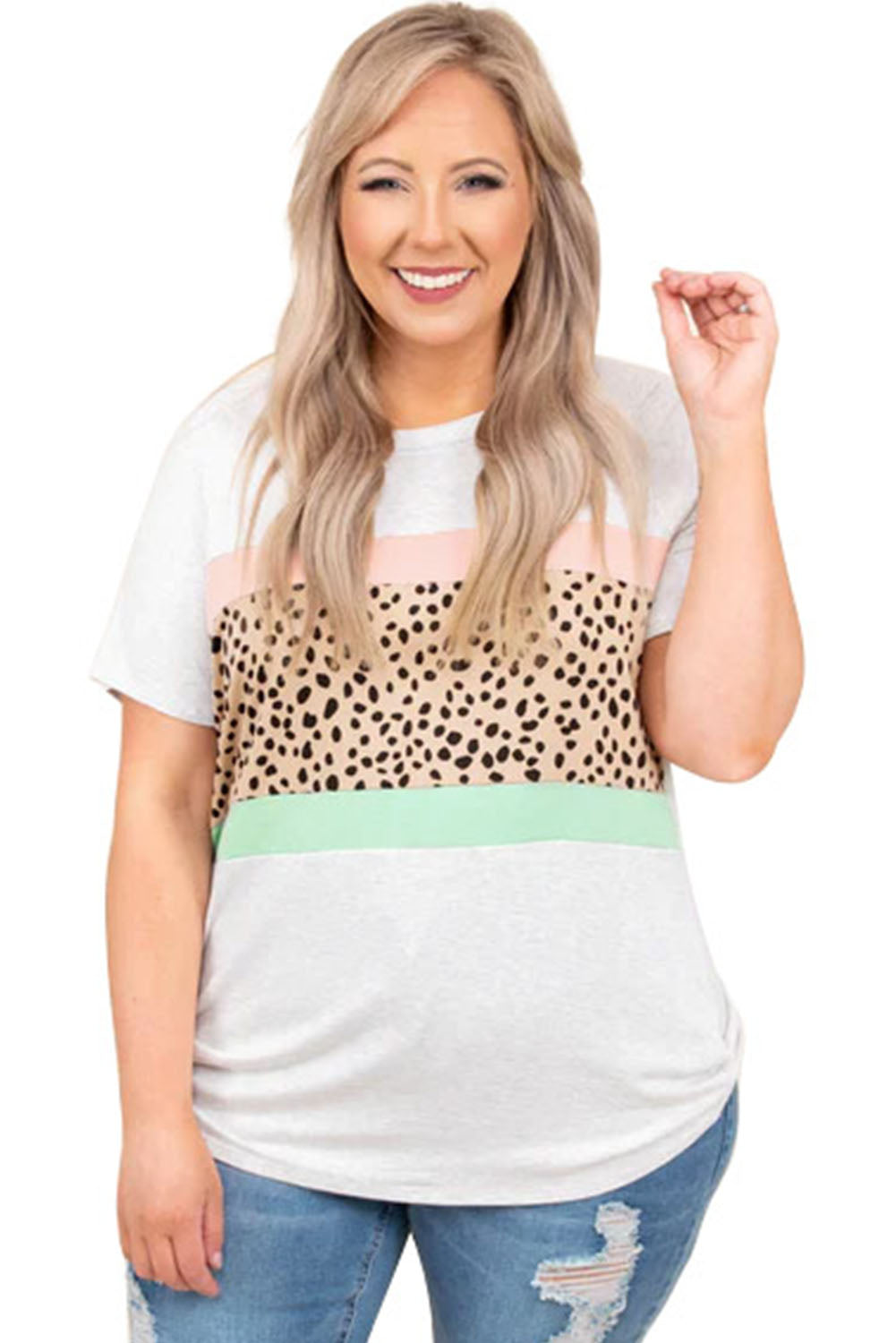 White Leopard Color Block Plus Size T Shirt
