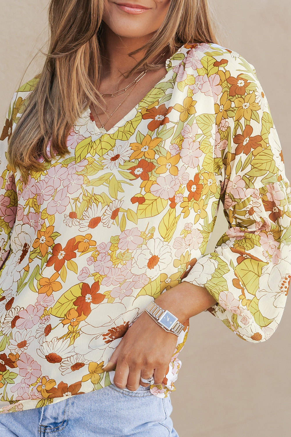 Green Floral Print V Neck Long Puff Sleeve Top