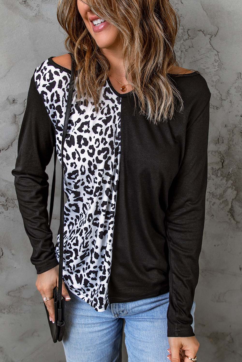 Black Leopard Color Block Cut Out Long Sleeve Top