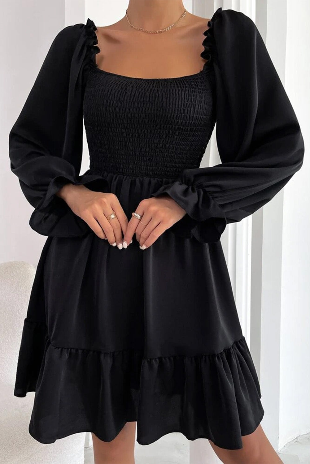 Biking Red Smocked Puff Sleeve Ruffle Mini Dress