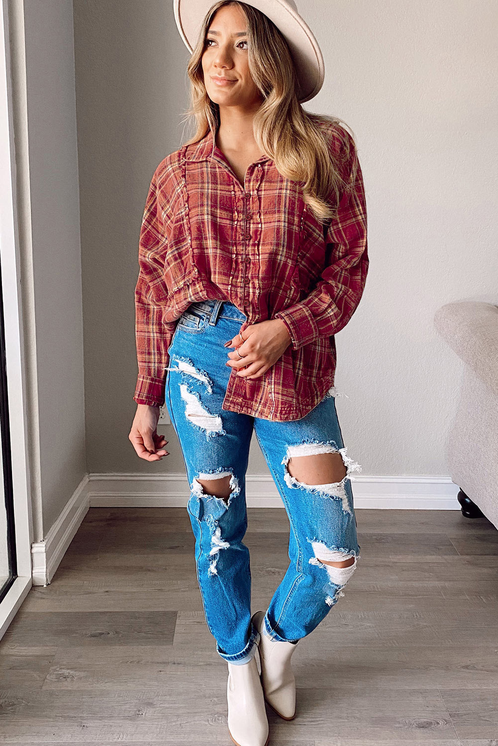 Orange Plaid Frayed Stitching Long Sleeve Shirt