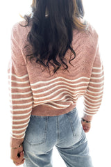 Pink Striped Textured Long Sleeve Knit Sweater