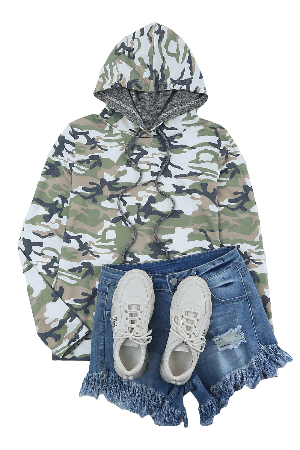 Camouflage Sequins Back Drawstring Hoodie
