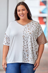 White Plus Size Leopard Patchwork Short Sleeve Top