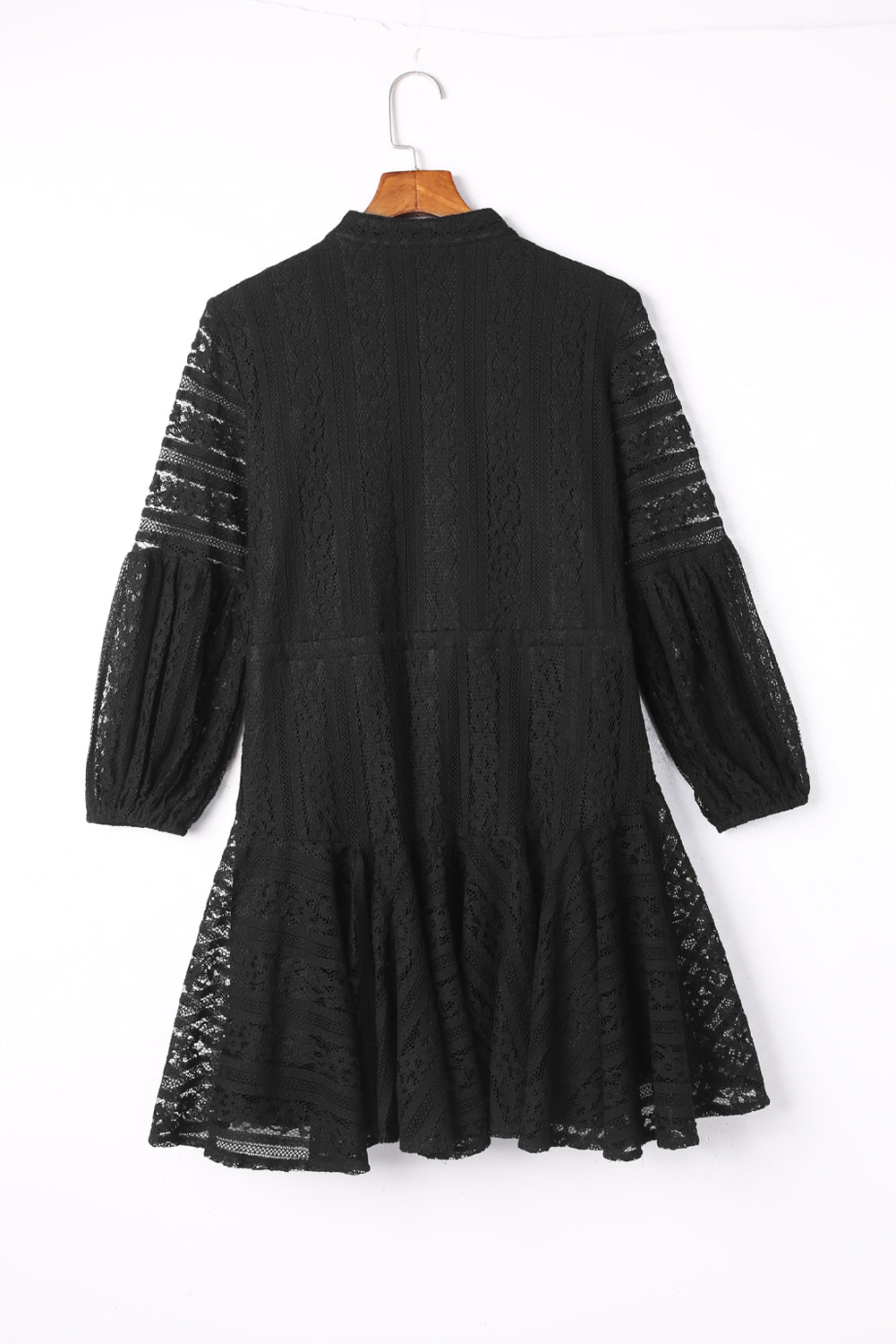 Black Lace Crochet Drawstring High Waist V Neck Mini Dress