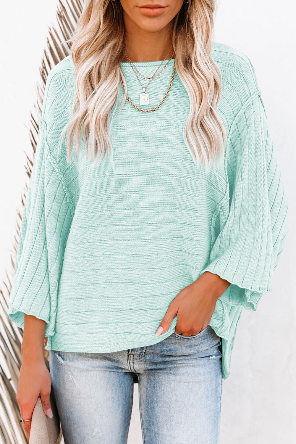 Black Exposed Seam Ribbed Knit Dolman Top