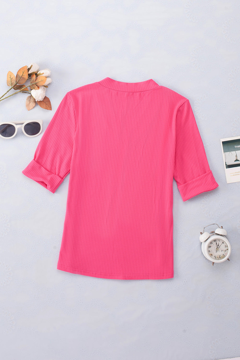 Rose Ribbed V Neck Rolled Short Sleeve T Shirt