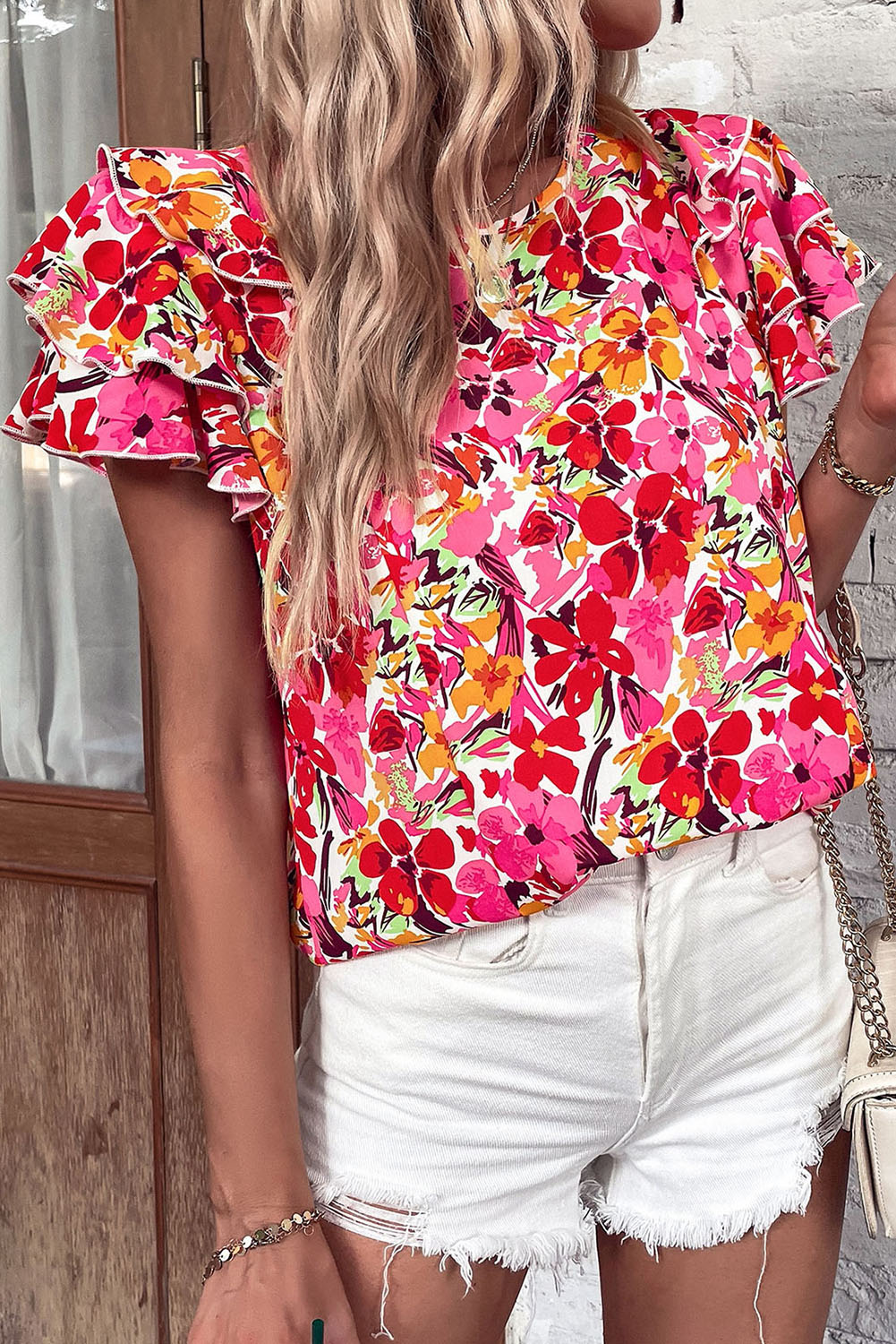 Red Floral Layered Sleeve Blouse