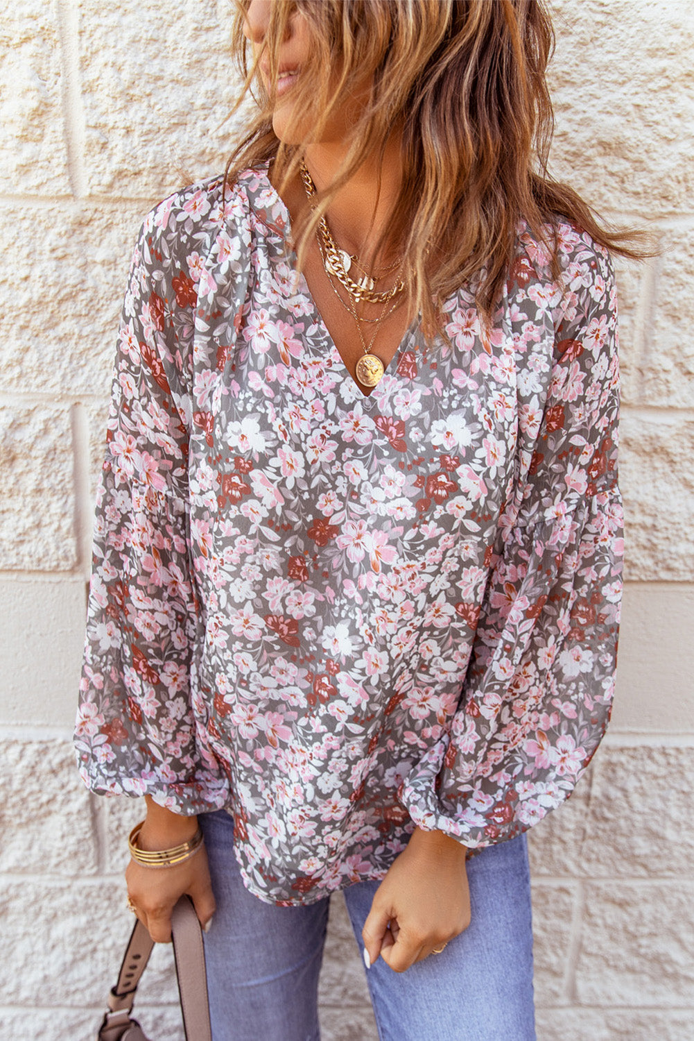 Green Floral Print V Neck Long Puff Sleeve Top