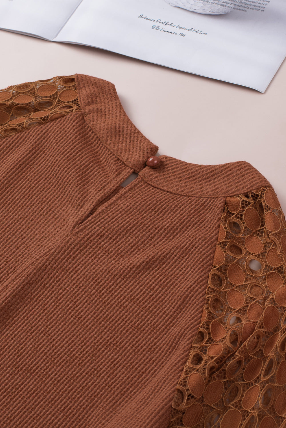 Brown Lace Contrast Long Sleeve Waffle Knit Top