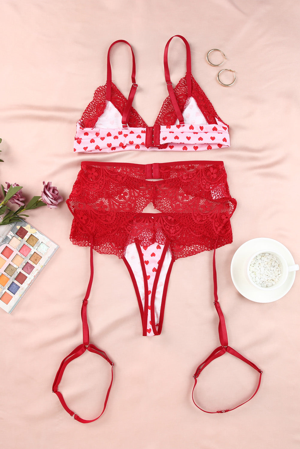 Red Lace Trim Heart Print Valentines Lingerie Set