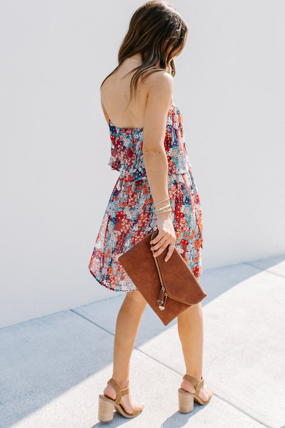 Red Floral Print Tiered Ruffled Bandeau Mini Dress