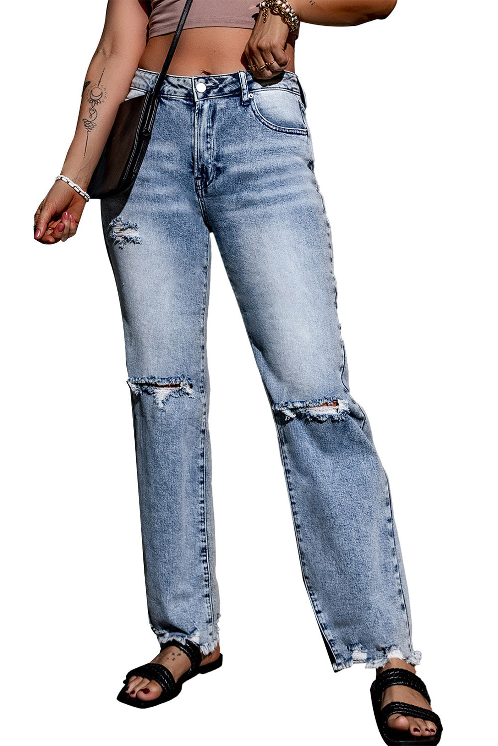 Sky Blue Washed Ripped Wide Leg High Waist Jeans