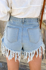 Sky Blue Sequin Pannel Frayed Tassel Hem Denim Shorts
