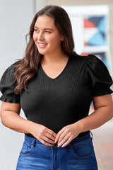 Black Plus Size Ribbed Knit Puff Sleeve Bodysuit