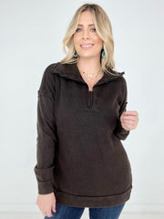 Long-Sleeve Waffle Knit 3/4 Zip With Side Slits