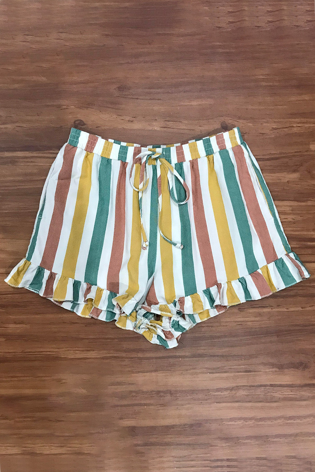 Multicolor Striped Ruffle Hem Drawstring Shorts