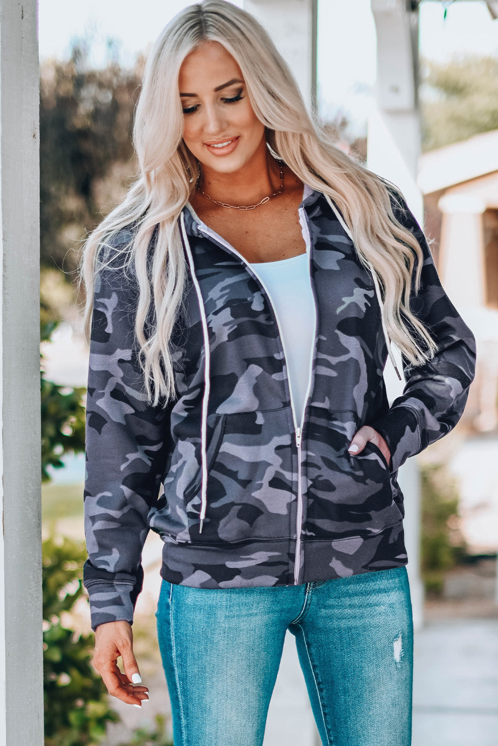 Black Camo Print Zip-up Hooded Coat with Pockets