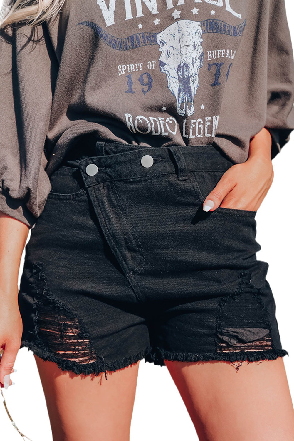 Black Asymmetrical Ripped Denim Shorts