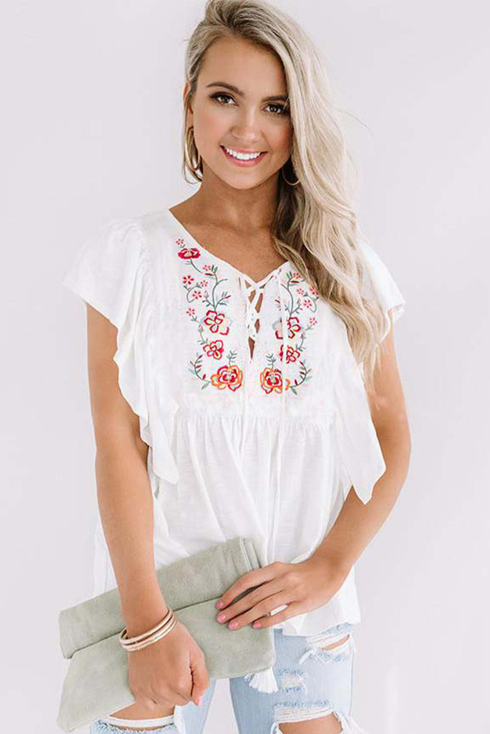 White Floral Embroidered Ruffled Lace-up V Neck Top